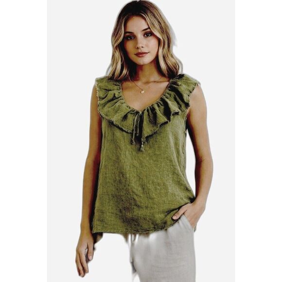 Umgee Tops - Umgee Boho Cottagecore Ruffle Blouse Olive Green Linen Look Sleeveless M Tank To